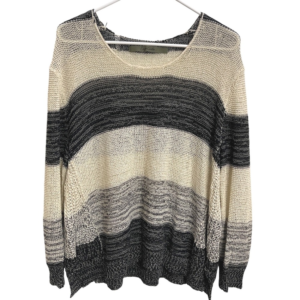 Enza Costa Womens Medium Striped Open Knit Linen Blend Sweater‎ Coastal Boho M